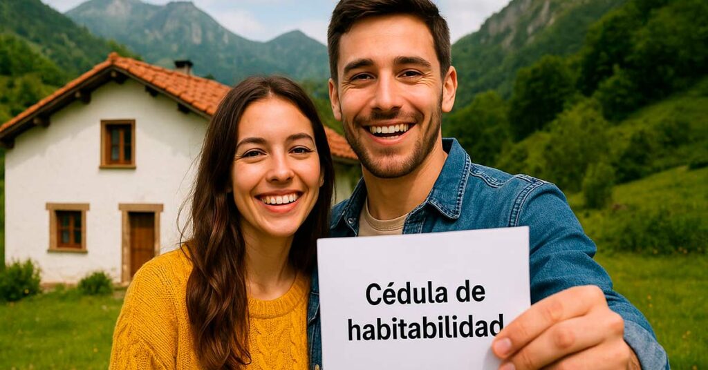 Una pareja muestra el cartel de célula de habitabilidad